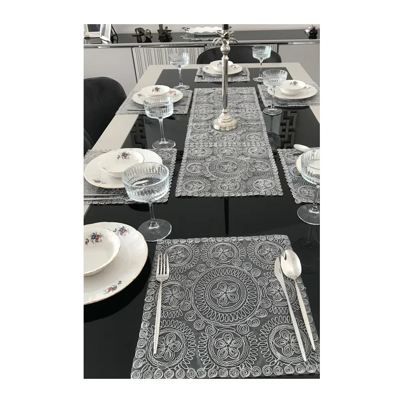 Fransız Dantelli Runner ve Supla Takımı (1 Runner, 6 Supla) - Gri