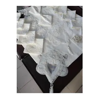 12 Kişilik Masa Örtüsü Takımı, Masa Seti 12 Kişilik 26 Parça 160x220cm Yarım Dantelli