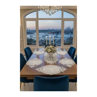 Nakışlı Supla Runner Seti Modern Amerikan Servis Takımı 6 Kişilik Set Krem