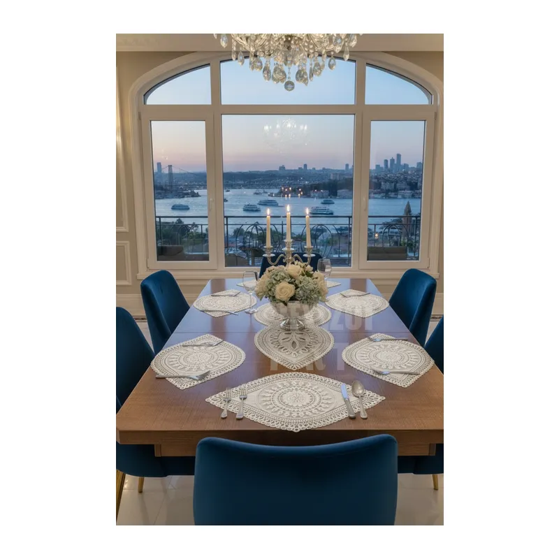 Nakışlı Supla Runner Seti Modern Amerikan Servis Takımı 6 Kişilik Set Krem