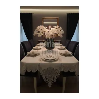 Salkım Masa Örtüsü 12 Kişilik Linen Kumas Krem Sofra Takımı