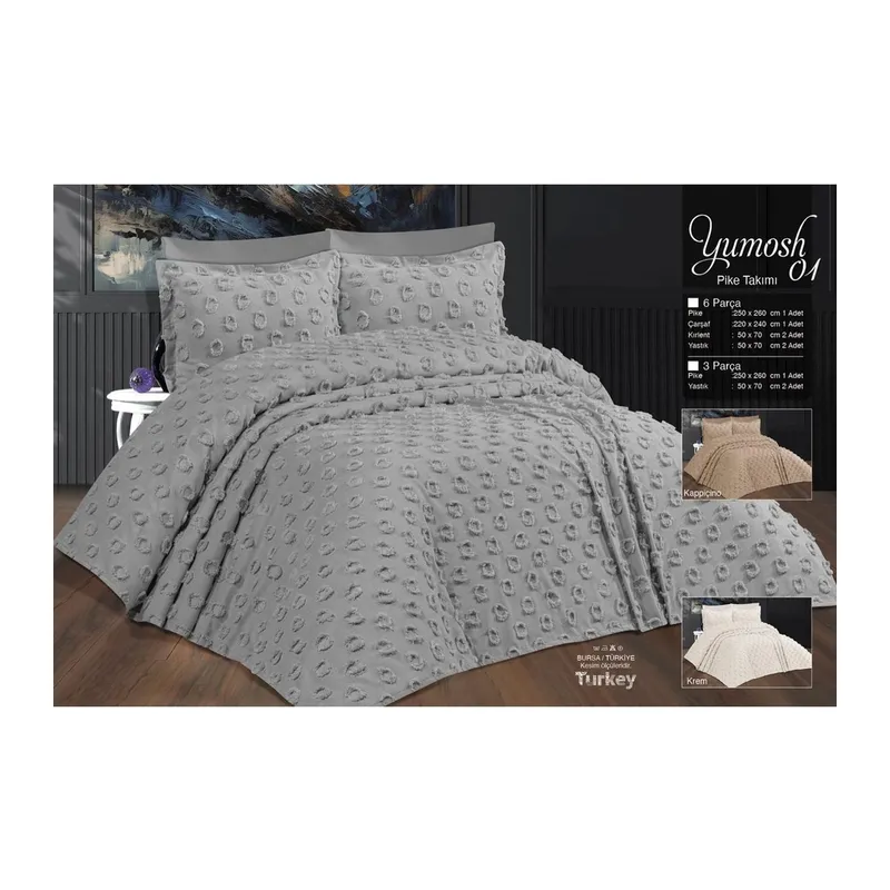 Çift Kişilik Yatak Örtüsü Gri 6 Parça Yatak Örtüsü Bedspread