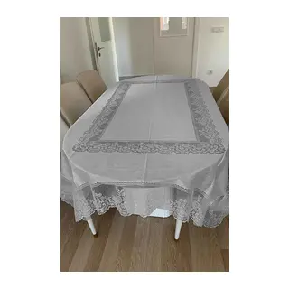 Desenli Dertsiz Leke Tutmaz Dantelli Masa Örtüsü, Çini Desen Masa Örtüsü - Gri