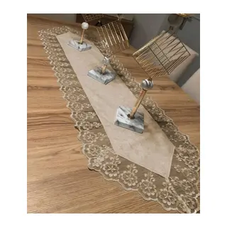 Kadife Dantel Detaylı Krem Runner (140x40cm) Kahve