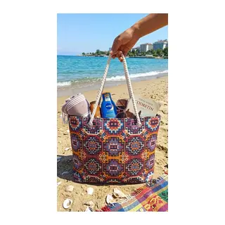 Büyük Boy Plaj Çantası 40×30 cm - Fermuarlı Günlük Omuz, Alışveriş ve Tatil Çantası