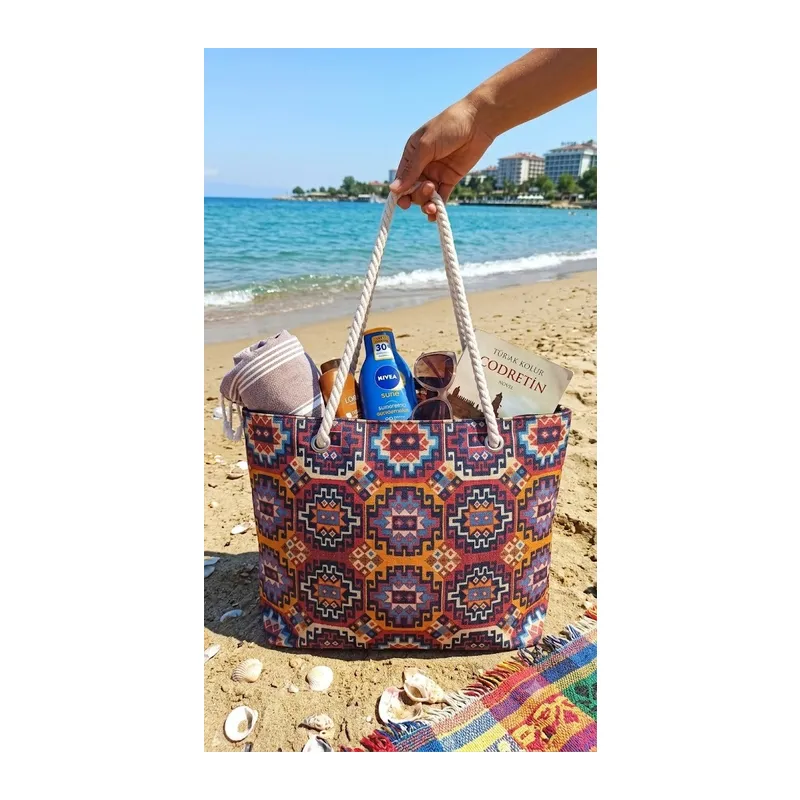 Büyük Boy Plaj Çantası 40×30 cm - Fermuarlı Günlük Omuz, Alışveriş ve Tatil Çantası