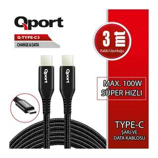 QPORT Q-TYPE-C3 3 METRE TYPE-C 100W PD ŞARJ VE DATA KABLOSU