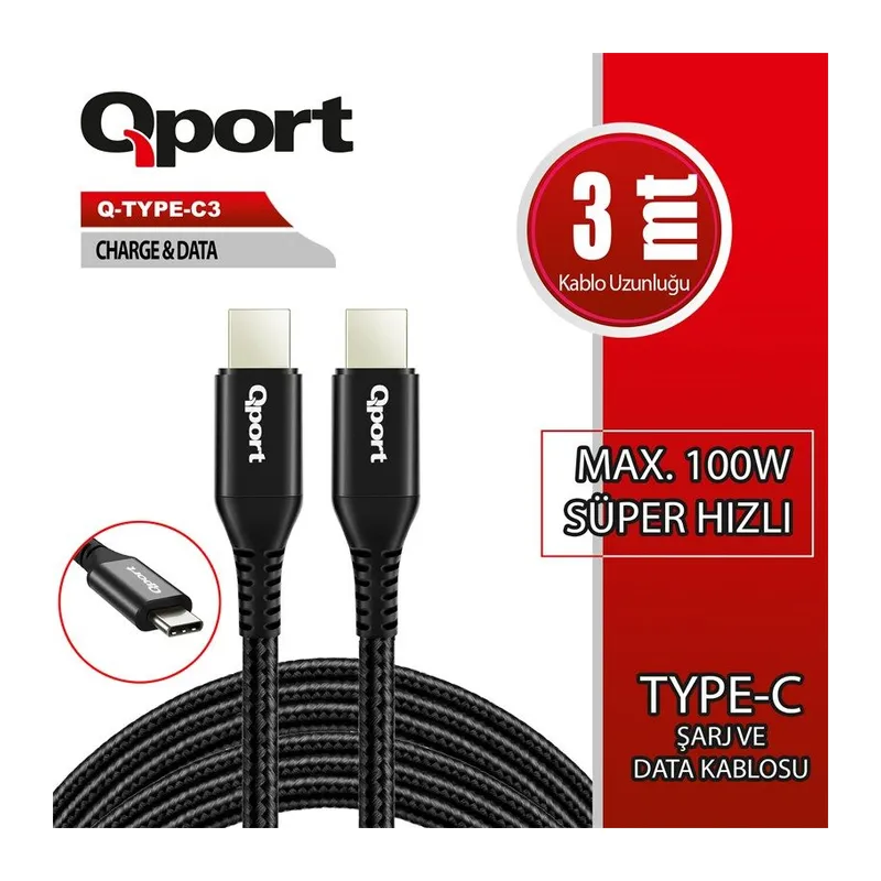 QPORT Q-TYPE-C3 3 METRE TYPE-C 100W PD ŞARJ VE DATA KABLOSU