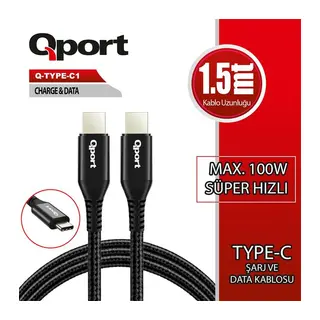 QPORT Q-TYPE-C1 1.5 METRE TYPE-C 100W PD ŞARJ VE DATA KABLOSU