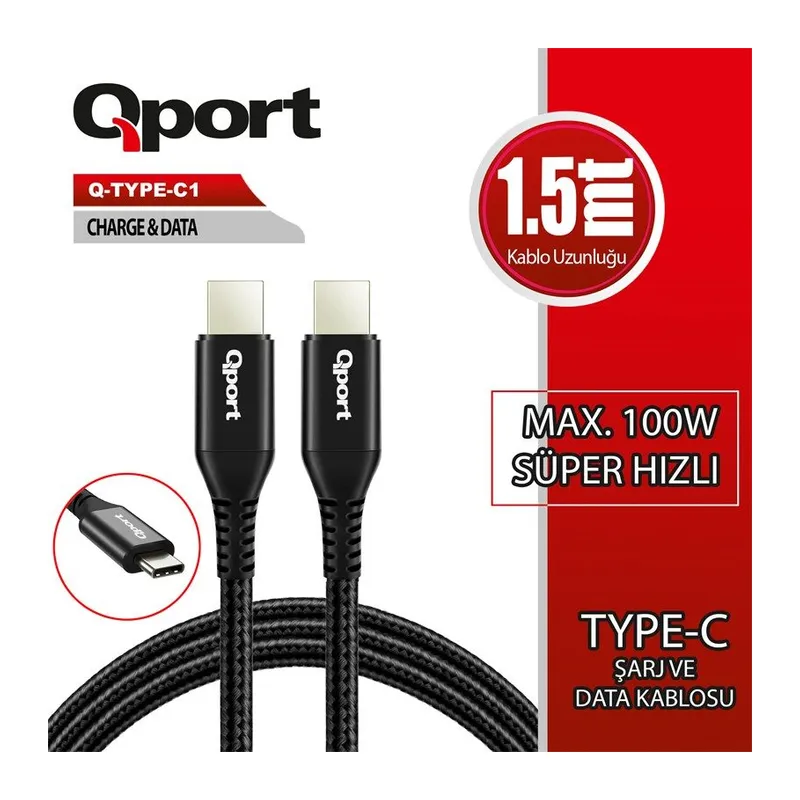 QPORT Q-TYPE-C1 1.5 METRE TYPE-C 100W PD ŞARJ VE DATA KABLOSU