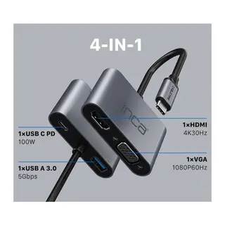 INCA ITPC-06T TYPE-C HUB X4 HDMI 4K@30 Hz+ VGA+ USB 3.0+PD 100W ALUMINYUM KASA ÇOKLAYICI