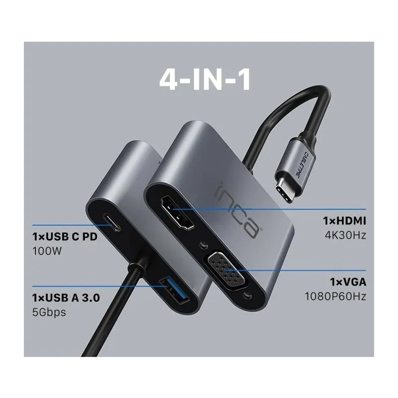 INCA ITPC-06T TYPE-C HUB X4 HDMI 4K@30 Hz+ VGA+ USB 3.0+PD 100W ALUMINYUM KASA ÇOKLAYICI