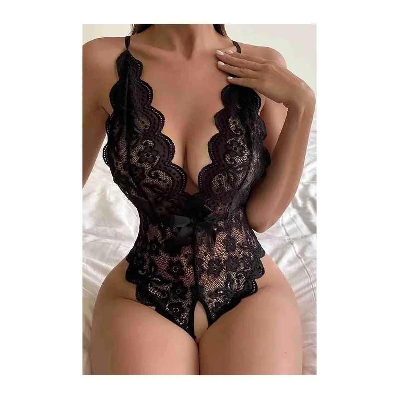 Özel Bölgesi Açık Dantelli Siyah Fantazi Babydoll Tm1277 - Siyah / L