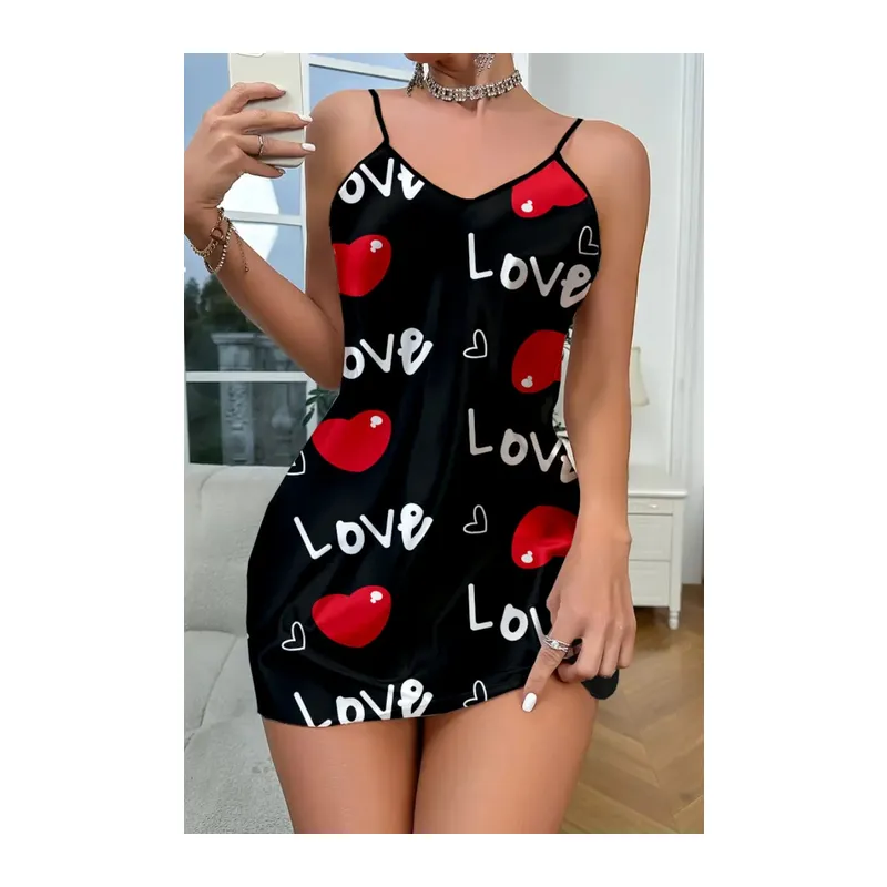 Love Desenli Siyah Saten Gecelik - Siyah / M