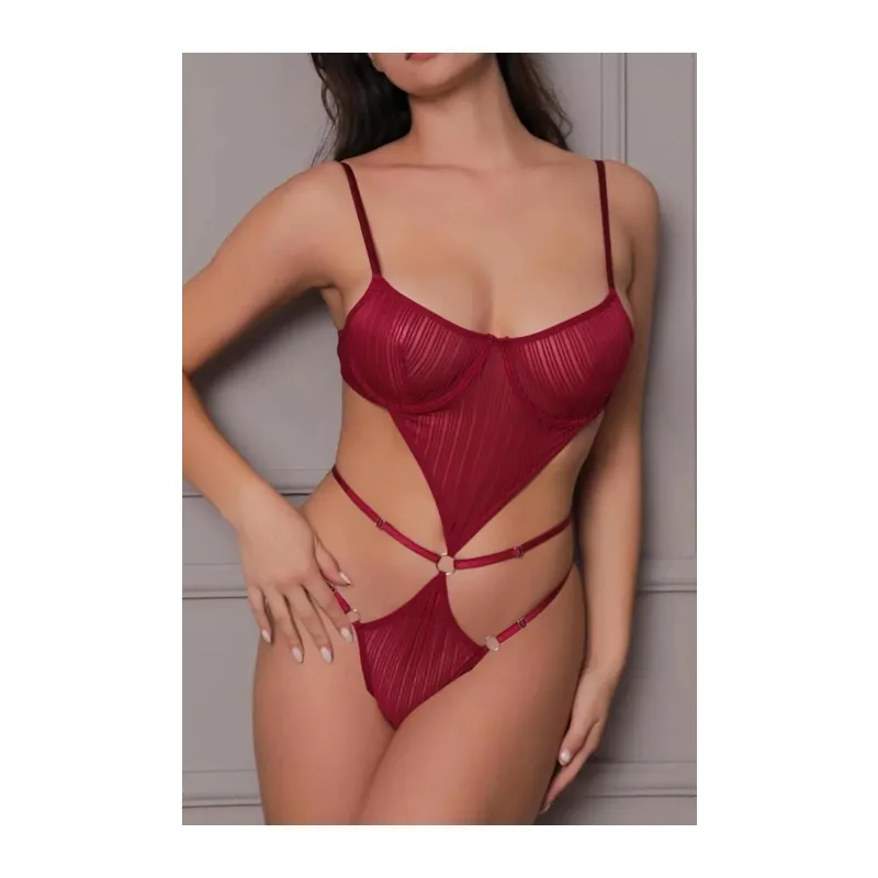 Transparan Bordo Dekolteli Balenli Fantazi İç Giyim Body Tm1410 - Bordo / L