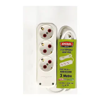 Amiral 3' Lü Topraklı 3 Metre Kablolu Grup Priz