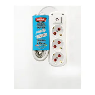 Amiral 3' Lü Topraklı Anahtarlı 2 Metre Kablolu Grup Priz