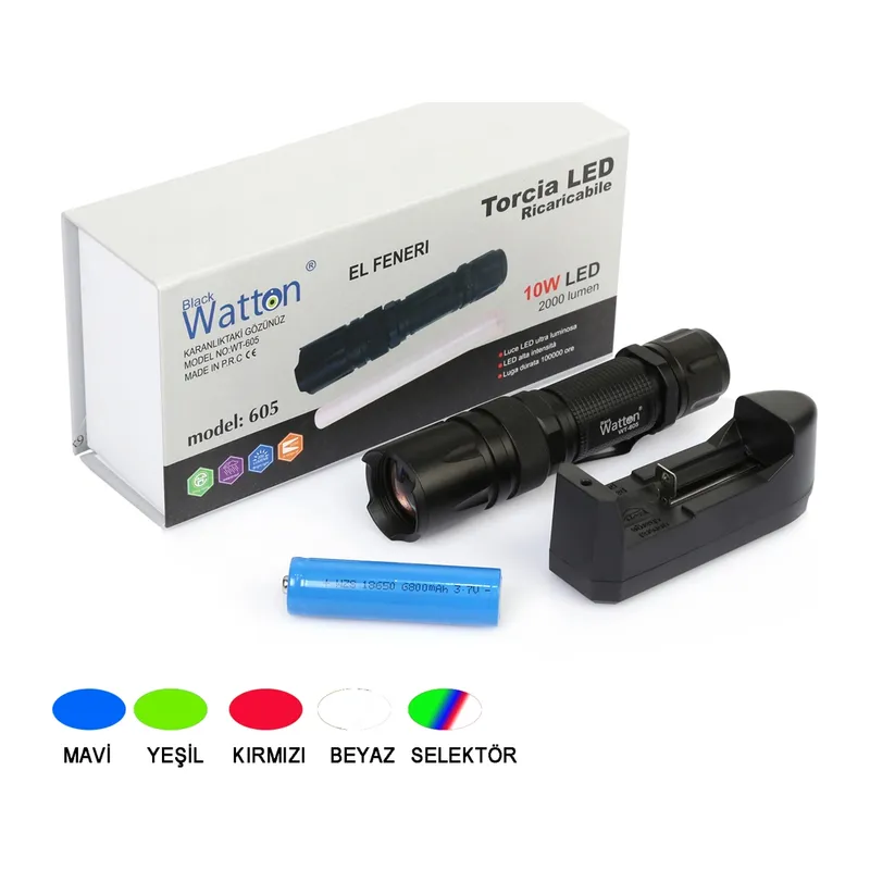 10w 2000 Lümen 4 Renk Güçlü El Feneri Wt-605