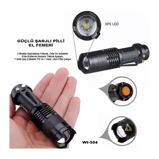 Mini Güçlü Şarjlı Pilli El Feneri Wt-304