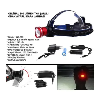 Orjinal 800 Lümen T6 Şarjlı Kafa Feneri Wt-265