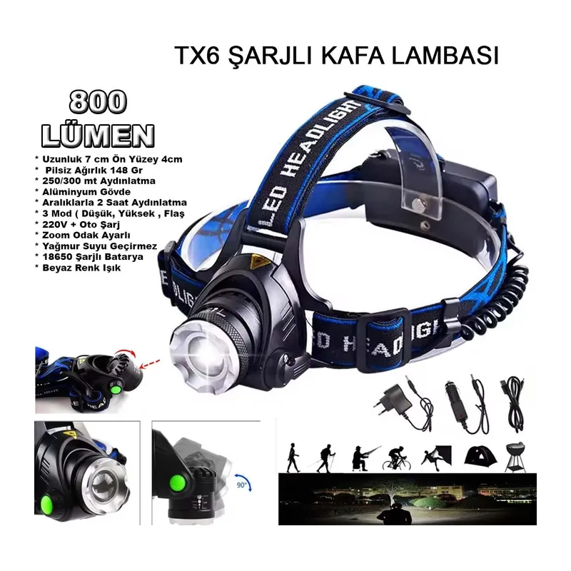 800 Lümen Tx6 Şarjlı Zoomlu Kafa Feneri Wt-120