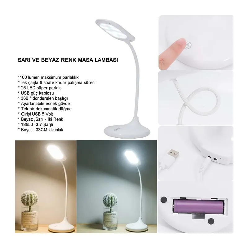 Şarjlı Sarı Ve Beyaz Renk Masa Lambasi Wt-005