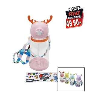 Geyik Modeli Pipetli Çocuk Matara Suluk Askı İpli Sticker Hediyeli
