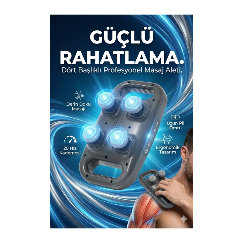 4 Başlıklı Masaj Tabancası - Ergonomik Derin Doku Sırt Ve Boyun Masaj Aleti Ağrı Ve Sızı Giderici