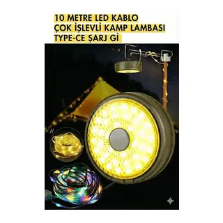 Şarjlı 10 Metre Ledli Şarj Göstergeli 8 Işık Modlu Hareketli Ve Flaşör Modlu Kamp Lambası Led Işık