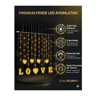 3 Metre Perde Led Işık - 8 Modlu Kalp Ve Love Figürlü Dekoratif Animasyonlu Led