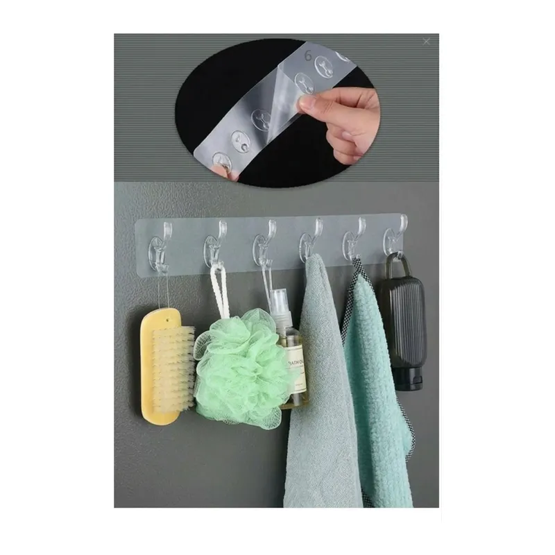 6'lı Kendinden Yapışkanlı Güçlü Şeffaf Askılık Kapı Arkası Mutfak Duvar Banyo Askı