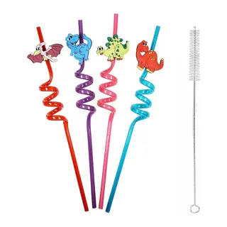 5 Parça Renkli Pipet Seti - Emojili Spiral Kokteyl- Çocuk Pipeti Temizleme Fırçalı