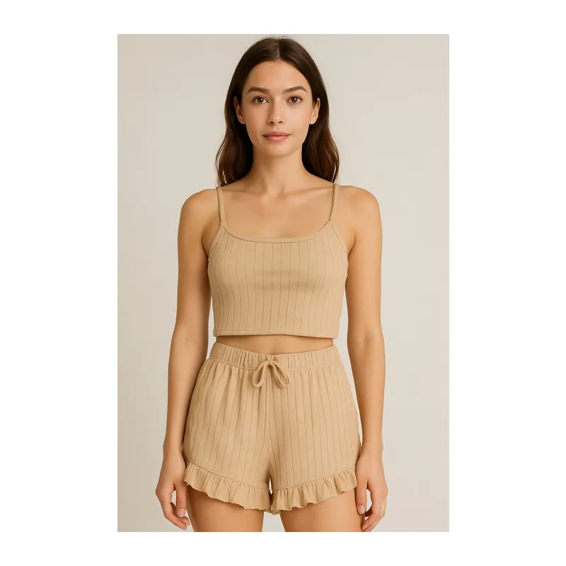 Crop Takım - Askılı Crop Takım Likralı Bej (xl)
