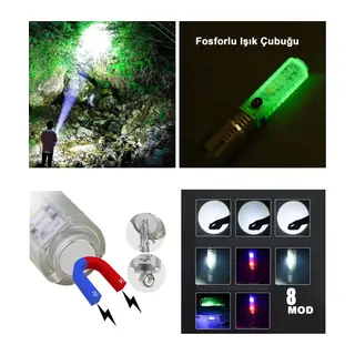 El Feneri 8 Mod Şarjlı Fosforlu Mıknatıslı Led El Feneri
