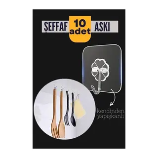 10'lu Şeffaf Kendinden Yapışkanlı Güçlü Askı Kancası, Banyo Mutfak Organizer, İz Bırakmaz Pratik Askı