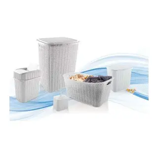 5 Parça Örgü Desenli Plastik Banyo Seti Çamaşır Sepeti Deterjanlık Çöp Kovası Klozet Fırçası - Gri