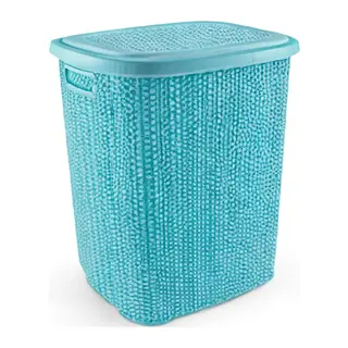 Kirli Çamaşır Sepeti Kapaklı 65 Lt Örgü Desenli Plastik Çamaşır Sepeti Banyo Sepeti - Turkuaz