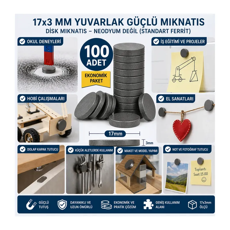 100 Adet Mıknatıs 17x3 Mm Yuvarlak Güçlü Mıknatıs Disk Mıknatıs