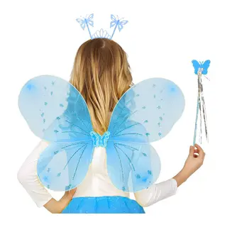 Mavi Kelebek Erkek-kız Seti – 50 Cm Kelebek Kanadı, Taç Ve Asa