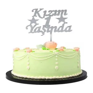 Kızım 1 Yaşında İlk Yaş Doğum Günü Partisi Pleksi Pasta Süsü Gümüş Renk