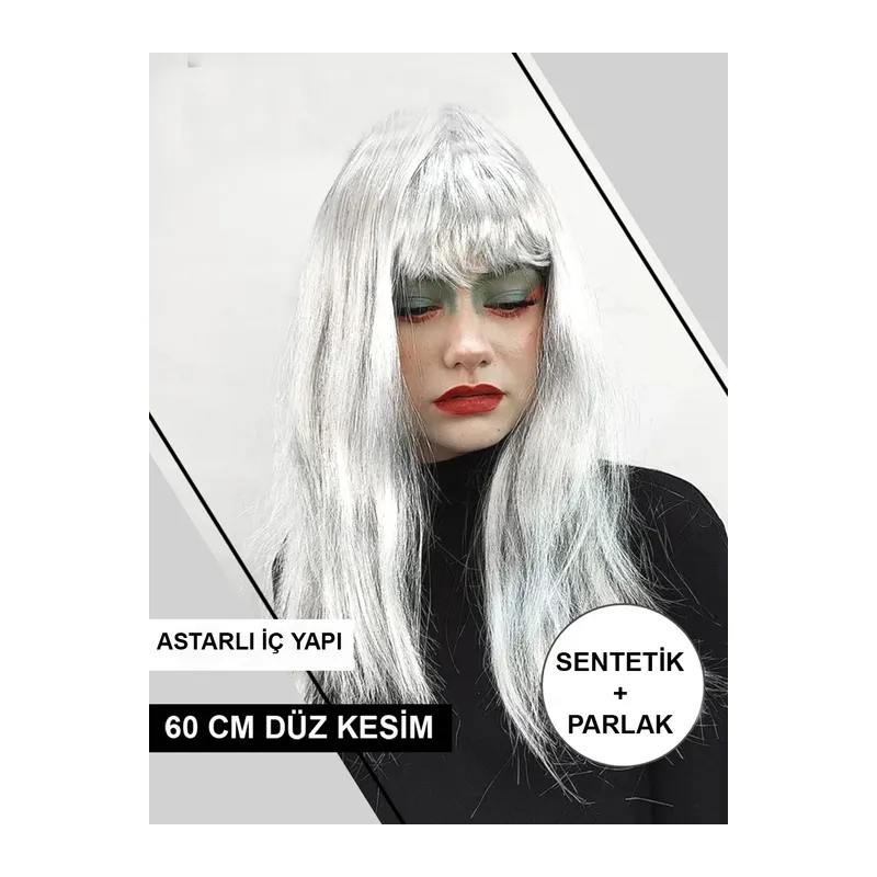 Platin Gri Gümüş Renk Uzun Parti Peruğu Uzun Takma Peruk