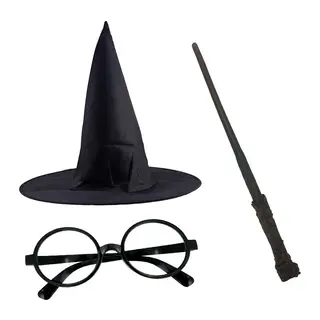 Harry Potter Siyah Şapkası Harry Potter Gözlüğü Harry Potter Asası 3 Lü Set