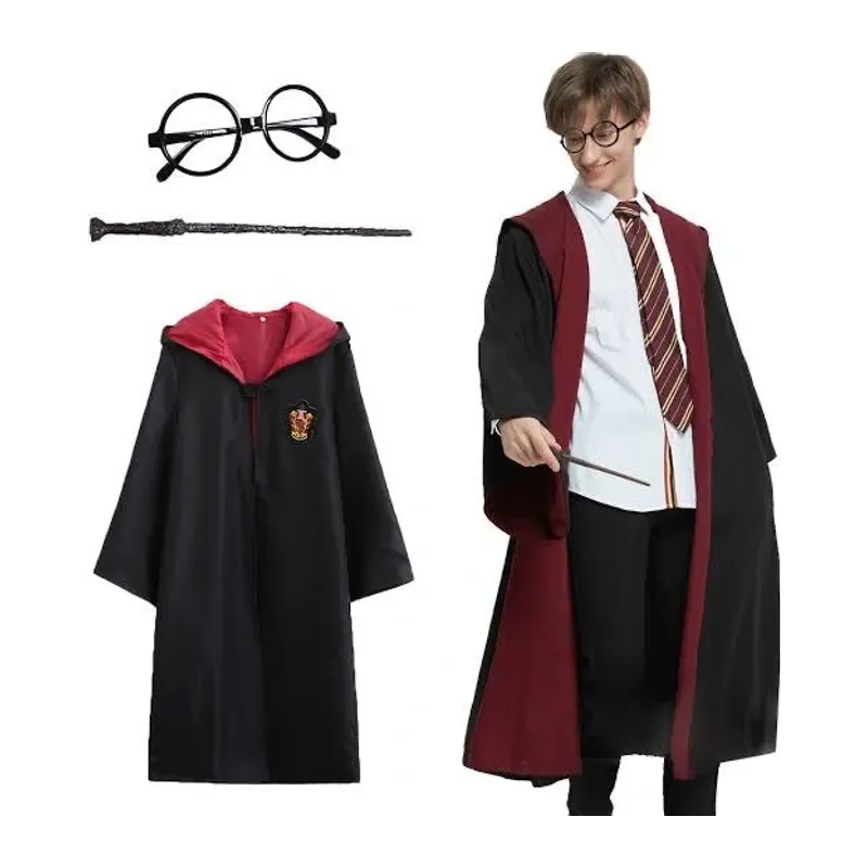 Harry Potter Gryffindor Kapişonlu Çocuk Kostüm + Asa + Gözlük Seti 9-10 Yaş