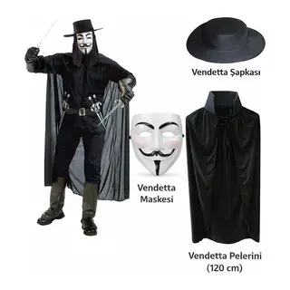 Vendetta Kostüm Seti – Şapka Maske Pelerin (120 Cm)