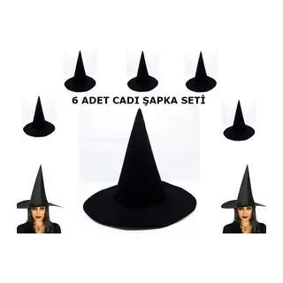 Siyah Cadı Şapkası Keçe Yetişkin Boy 6 Adet