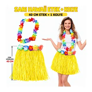 Hawaii Luau Aloha Sarı Püsküllü 40 Cm Etek Ve Hawaii Kolye
