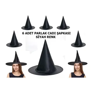 Siyah Renk Parlak Dralon Cadı Şapkası Yetişkin Ve Çocuk Uyumlu 6 Adet
