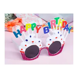 Happy Birthday Yazılı Beyaz Fuşya Renk Beyaz Pastalı Parti Gözlüğü 12x7 Cm