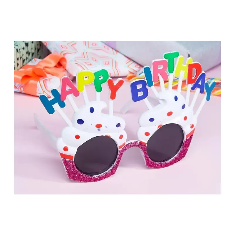 Happy Birthday Yazılı Beyaz Fuşya Renk Beyaz Pastalı Parti Gözlüğü 12x7 Cm