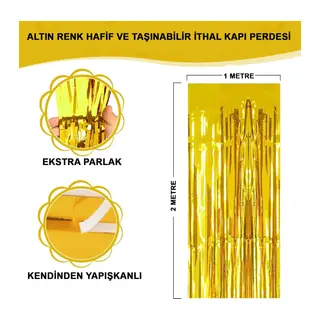 Altın Gold Renk Ekstra Metalize Parlak Saçaklı Arka Fon Perde İthal A Kalite 1x2 Metre
